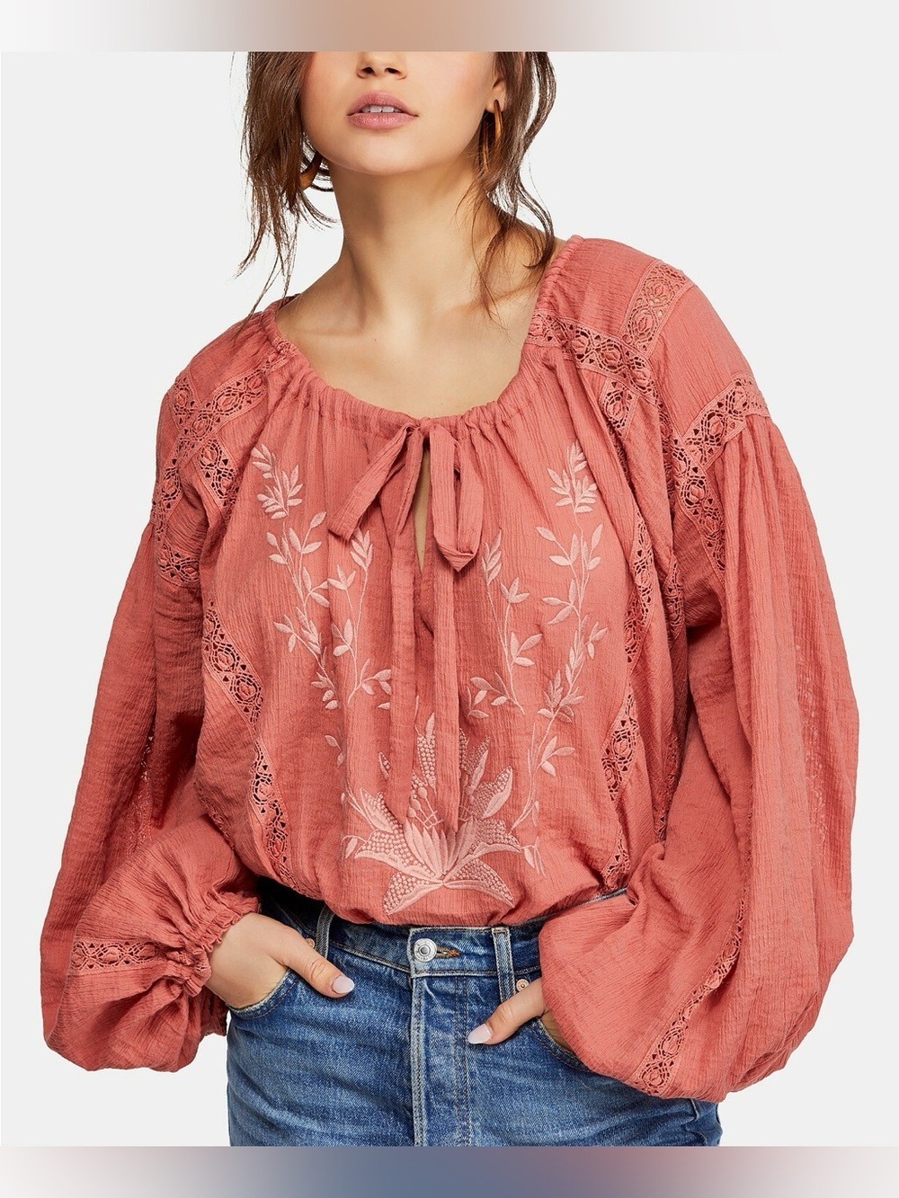 Free People Athena dusty Rose Embroidered top